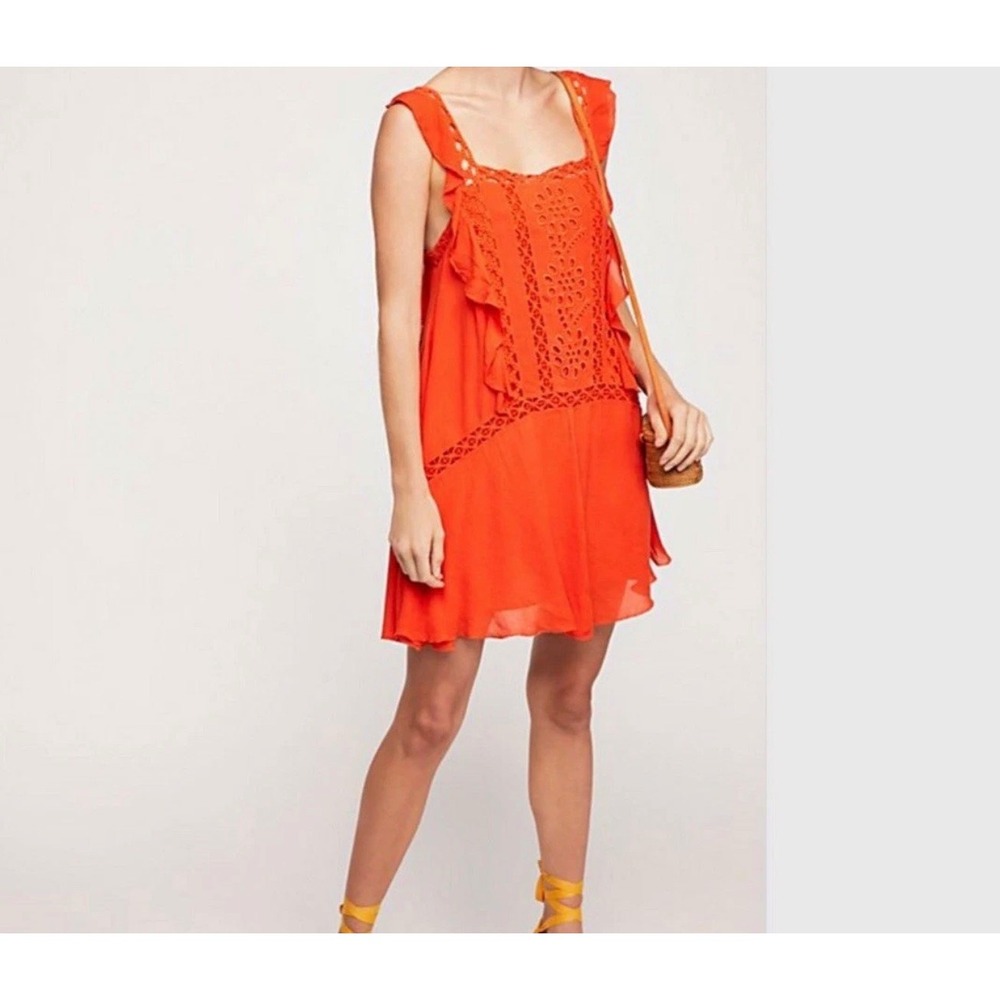Free People FP One‎ Pricilla Mini Dress Orange Eyelet Lace Ruffle Crochet Boho